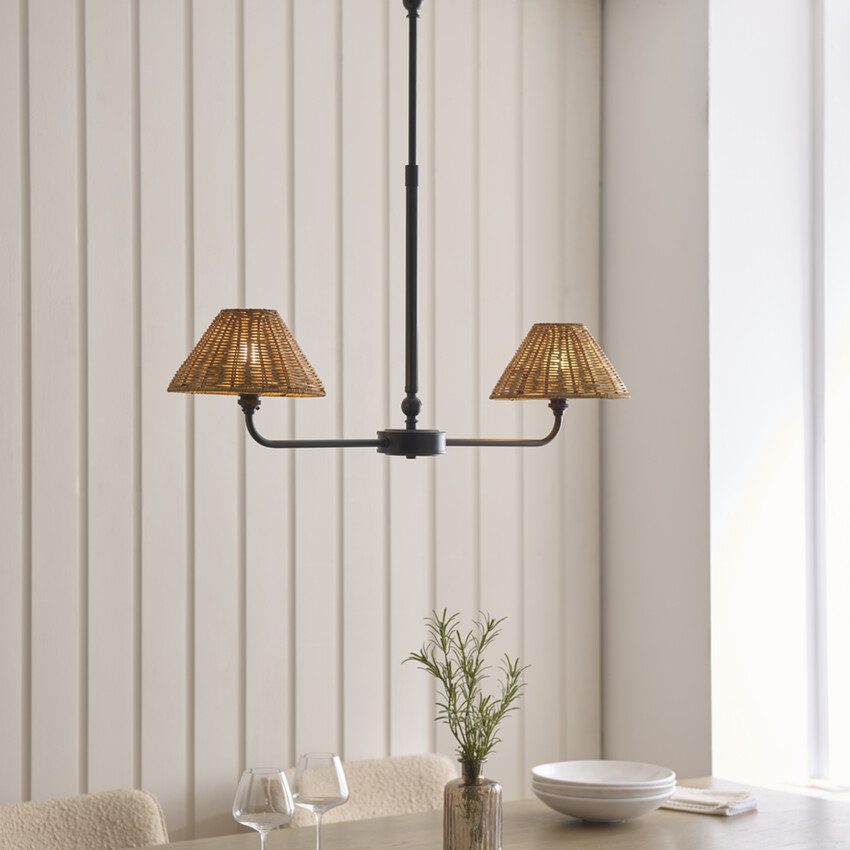 Photograph: Jericho 2 Light Linear Telescopic Pendant Matt Black With Warm Brown Rattan Shades