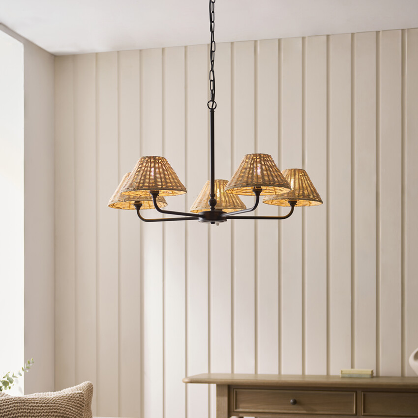 Photograph: Jericho 5 Light Multi Arm Pendant Matt Black With Natural Rattan Shades