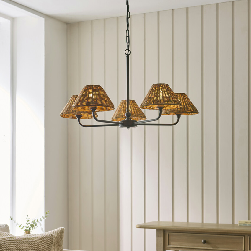 Photograph: Jericho 5 Light Multi Arm Pendant Matt Black With Warm Brown Rattan Shades