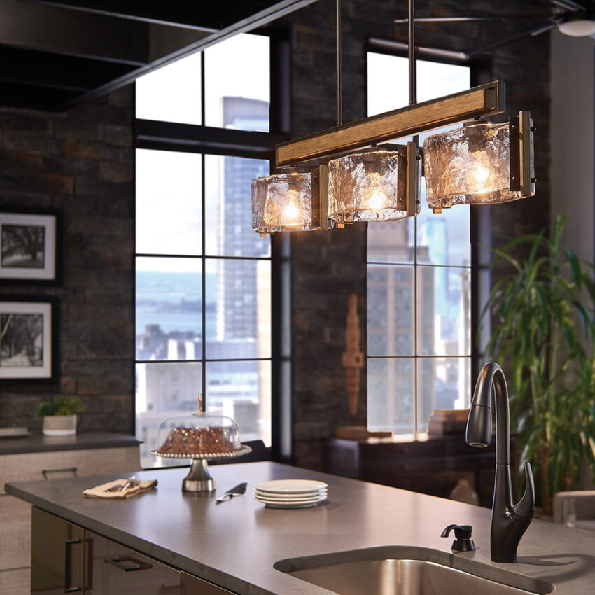 Photograph: Kichler Aberdeen Distressed Grey Wood 3 Light Linear Island Pendant Complete With Clear Water Glass