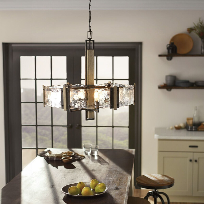 Photograph: Kichler Aberdeen Distressed Grey Wood 6 Light Round Pendant Complete With Clear Water Glass