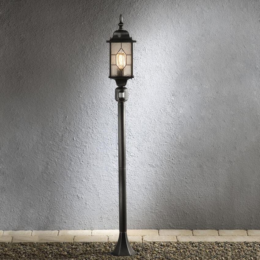 Photograph: Konstsmide Milano Black Large Exterior Post Lamp Complete With Leaded Effect Acrylic Glass And Built In PIR