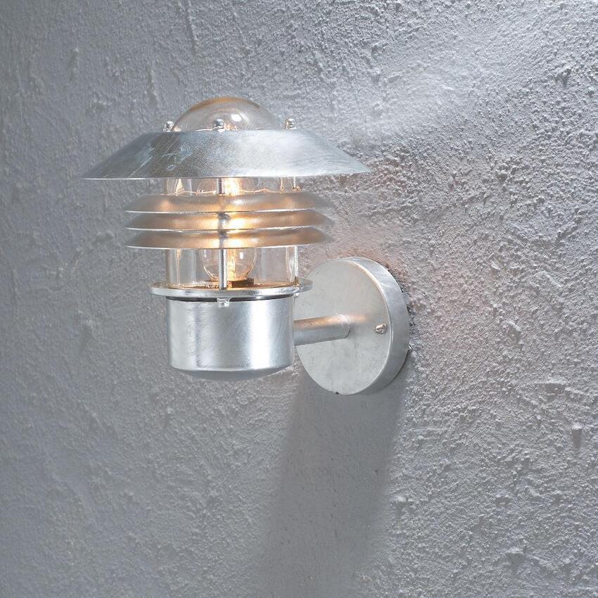 Photograph: Konstsmide Modena Galvanisted Steel Upward Facing Exterior Wall Light Complete With Clear Glass