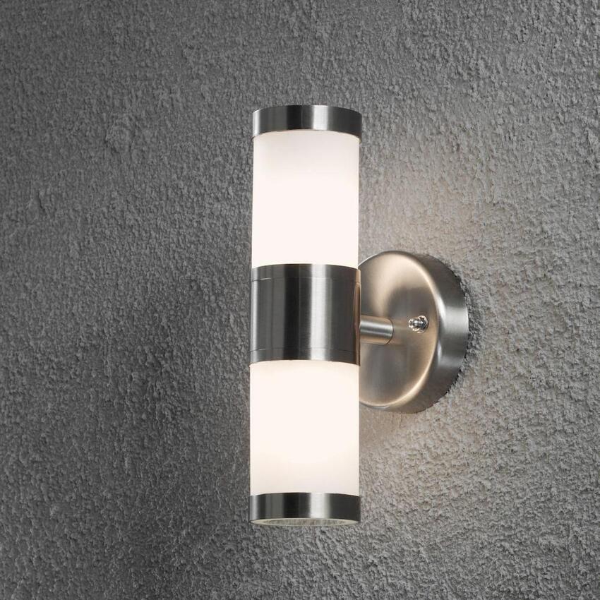 Photograph: Konstsmide Modena Stainless Steel Exterior Up And Down Wall Light Complete With Opal Glass Lenses