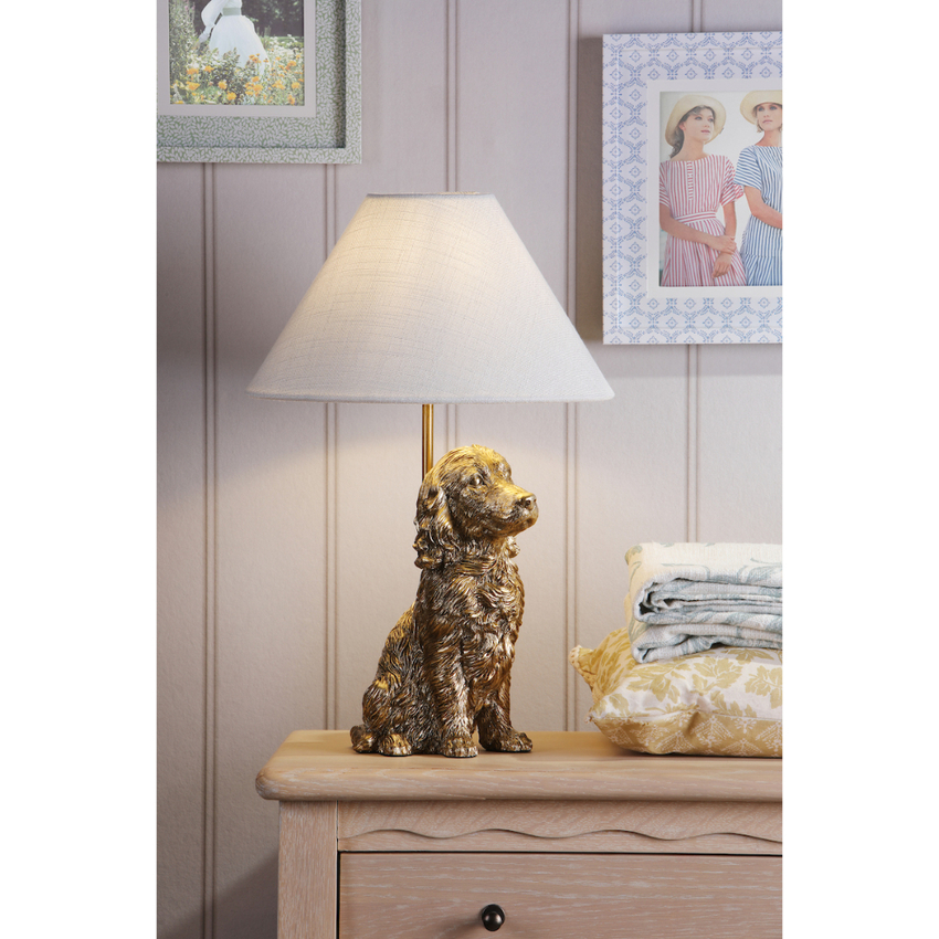 Photograph: Laura Ashley Antique Gold Cocker Spaniel Table Lamp Complete With Ivory Linen Tapered Drum Shade