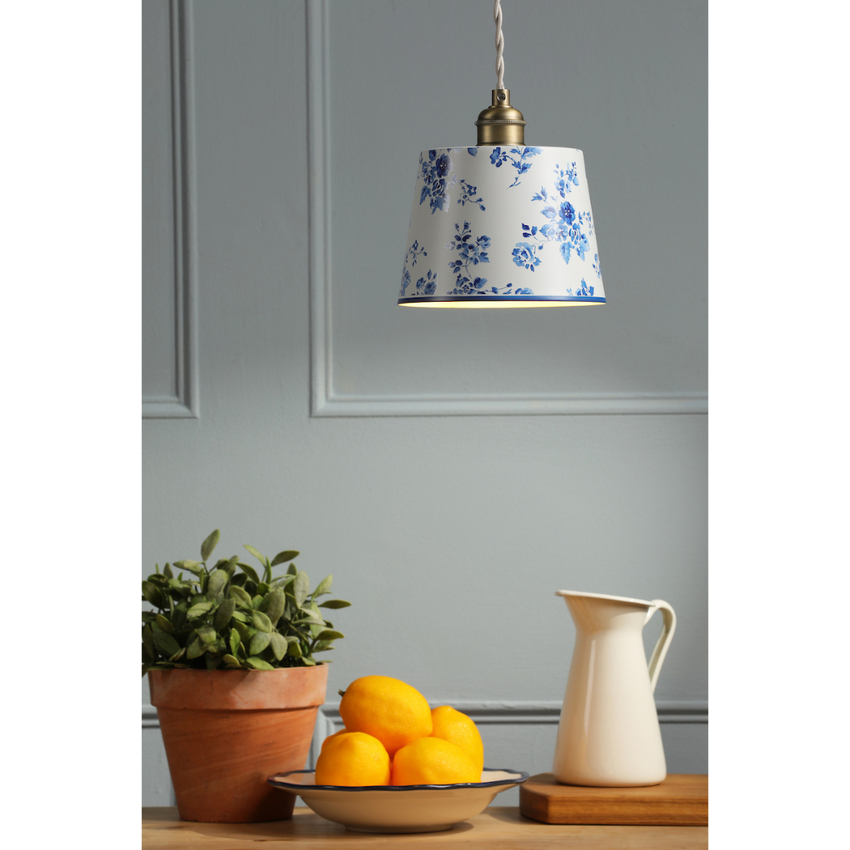 Photograph: Laura Ashley China Matt Antique Brass Pendant Light, Complete With Blue/White Metal Shade