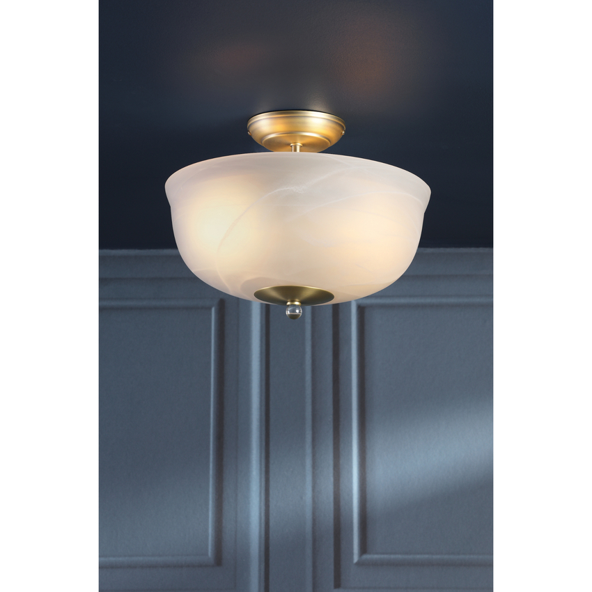 Photograph: Laura Ashley Cossington 2 Light Semi-Flush Matt Antique Brass and White Marble Effect Glass