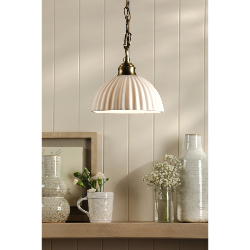 Photograph: Laura Ashley Durford Pendant Matt Antique Brass and White Ceramic