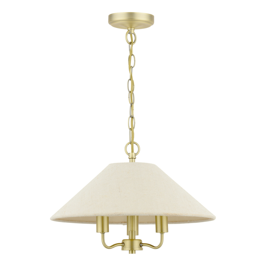 Photograph: Laura Ashley Harland Matt Antique Brass Harland 3 Light Pendant Light Complete With Natural Linen Coolie Shade