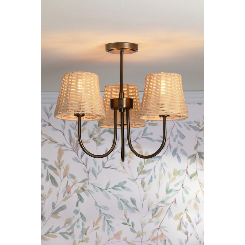 Photograph: Laura Ashley Hasfield 3 Light Semi-Flush Satin Bronze Ceiling Light Complete With Natural Rattan Shades