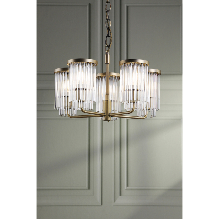 Photograph: Laura Ashley Hilcote Matt Antique Brass 5 Light Multi-Arm Ceiling Light Complete With Clear Glass Decoration