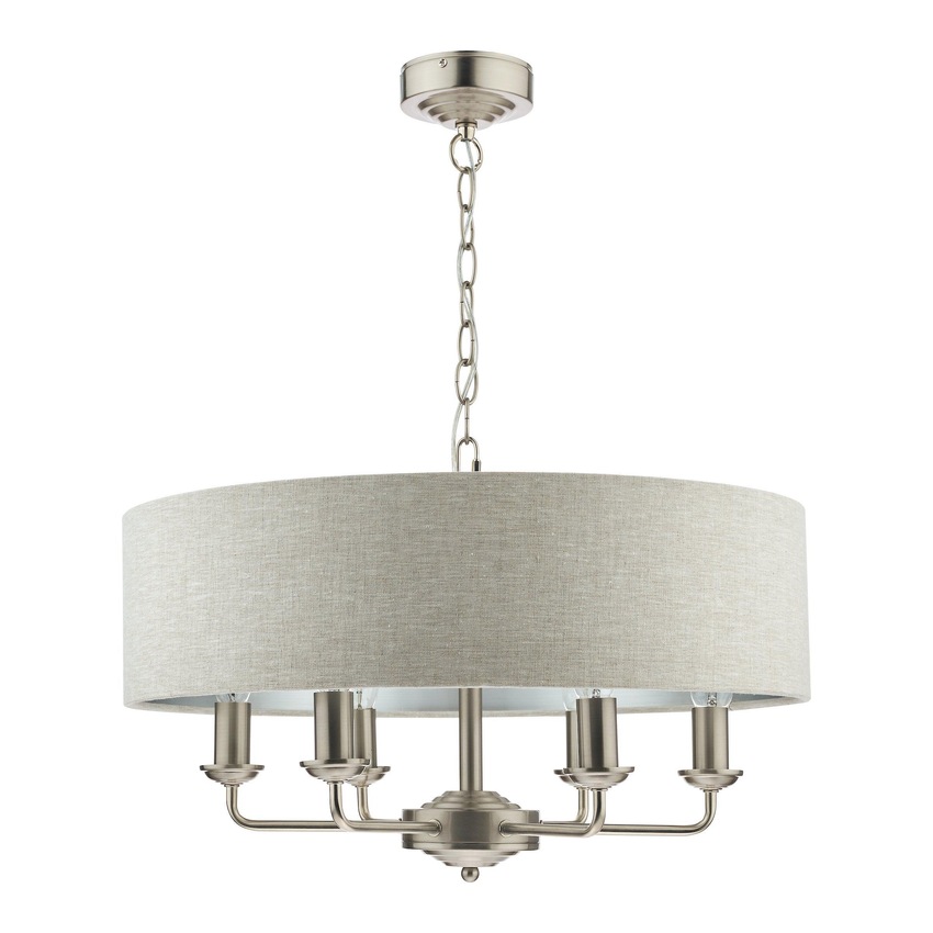 Photograph: Laura Ashley LA3518806-Q Sorrento Satin Nickel 6 Light Pendant Light Complete With Natural Linen Shade