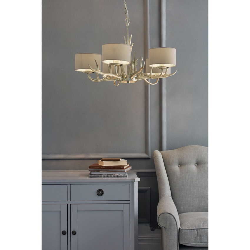 Photograph: Laura Ashley LA3677580-Q Mulroy Cream Gold 5 Light Antler Pendant Complete With Natural Faux Silk Shades