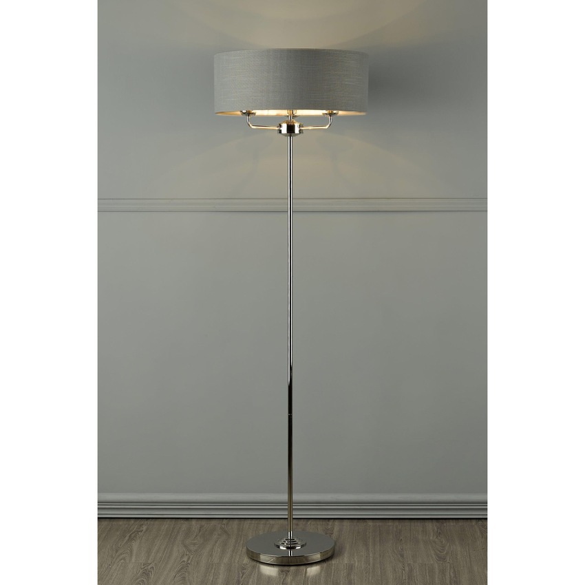 Photograph: Laura Ashley LA3688866-Q Sorrento Polished Nickel 3 Light Floor Lamp Complete With Grey Linen Shade And Switch