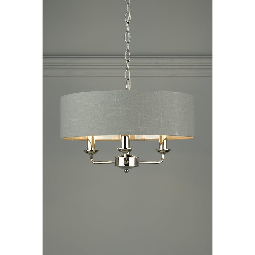 Photograph: Laura Ashley LA3688867-Q Sorrento Polished Nickel 3 Light Pendant Light Complete With Grey Linen Shade