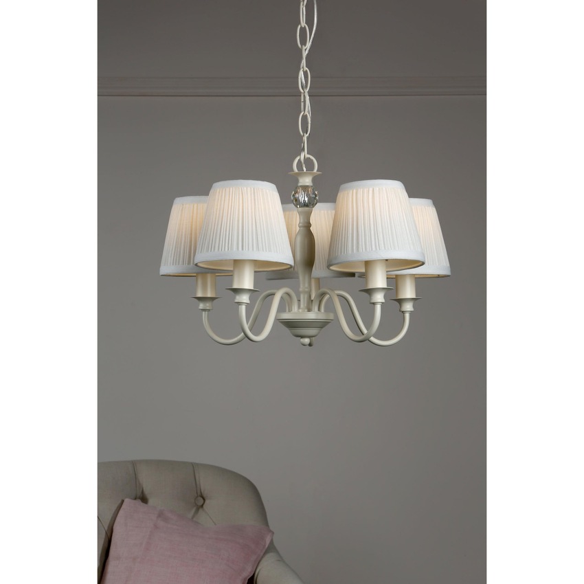 Photograph: Laura Ashley LA3726687-Q Ellis Satin Cream & Crystal 5 Light Chandelier Complete With Ivory Cotton Shades