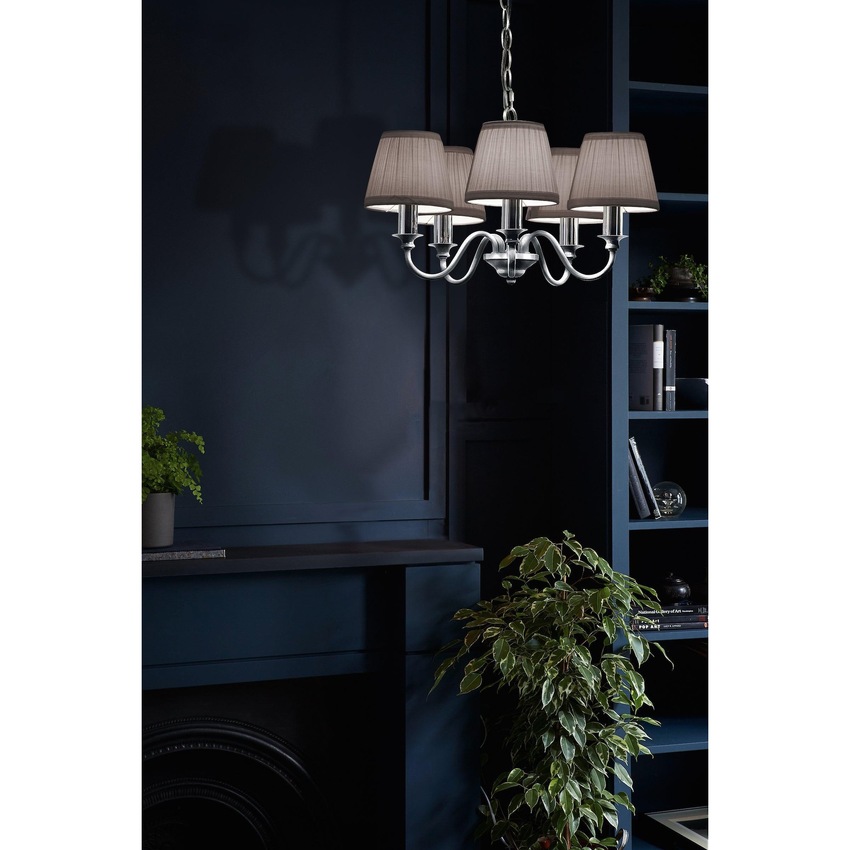 Photograph: Laura Ashley LA3743659-Q Ellis Polished Chrome & Crystal 5 Light Chandelier Complete With Grey Cotton Shades