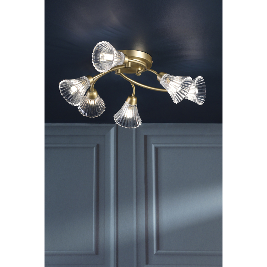 Photograph: Laura Ashley Lanton 6 Light Semi-Flush Matt Antique Brass and Ribbed Glass