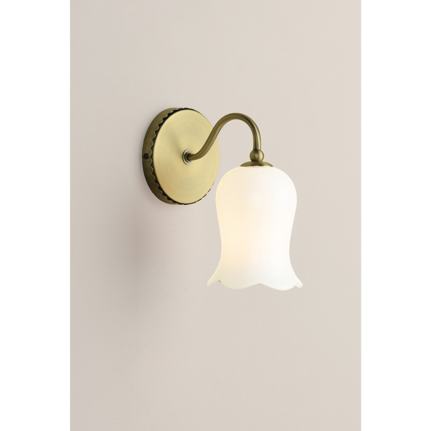 Photograph: Laura Ashley Lidsell Matt Antique Brass Downward Facing Single Wall Light Complete With Scalloped Opal Glass Shades