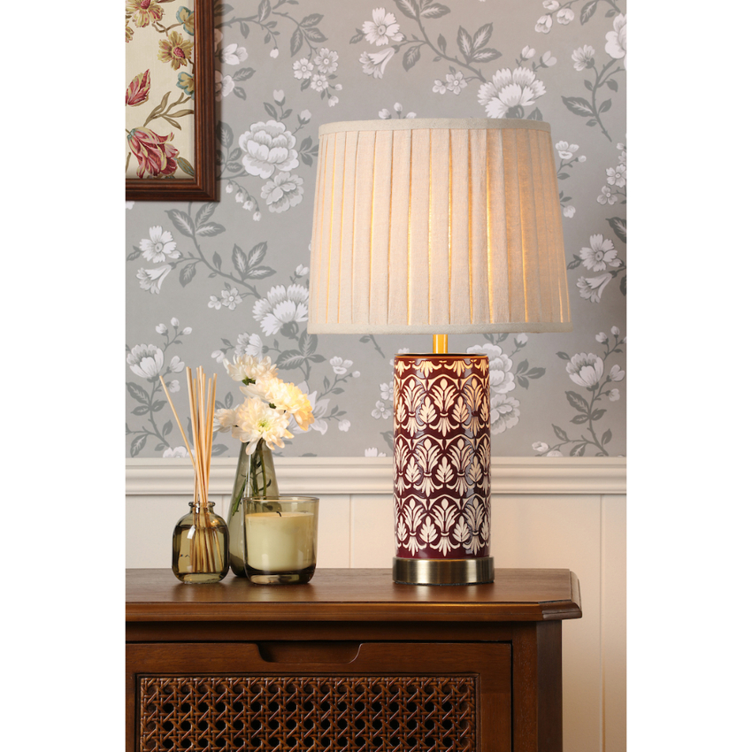 Photograph: Laura Ashley Medlock Purple And Antique Brass Ceramic Table Lamp Complete With Natural Linen Tapered Drum Shade