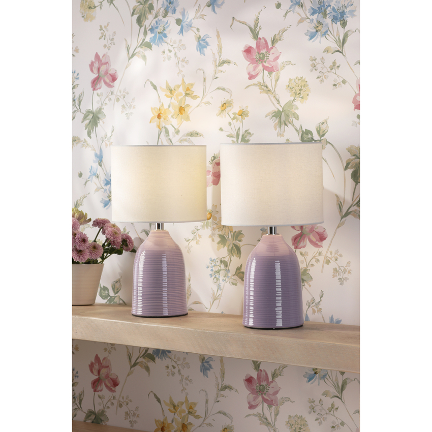 Photograph: Laura Ashley Penny Twin Pack of Purple Ceramic Table Lamps Complete With Natural Oatmeal Shades - Switched