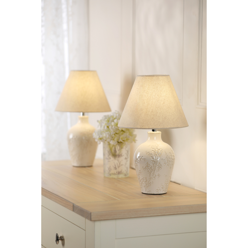 Photograph: Laura Ashley Pussywillow Twin Pack of Cream Patterened Table Lamps Complete With Natural Linen Shades - Switched