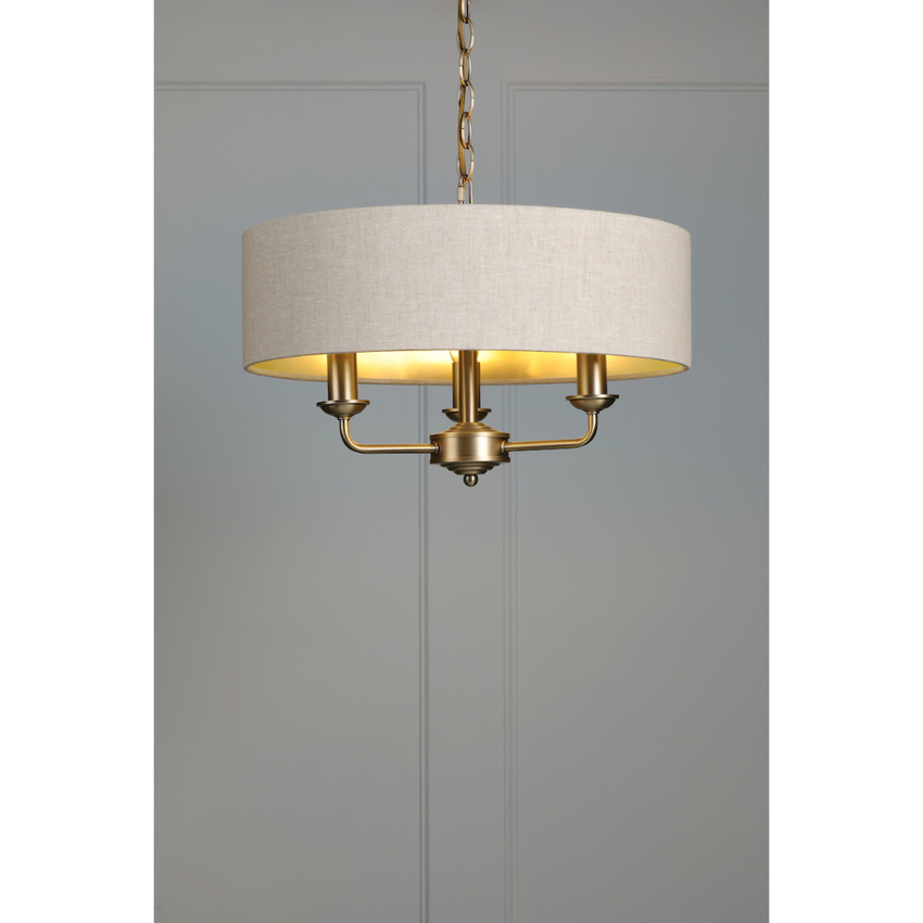 Photograph: Laura Ashley Sorrento Matt Antique Brass 3 Pendant Light Ceiling Light Complete With Natural Shade