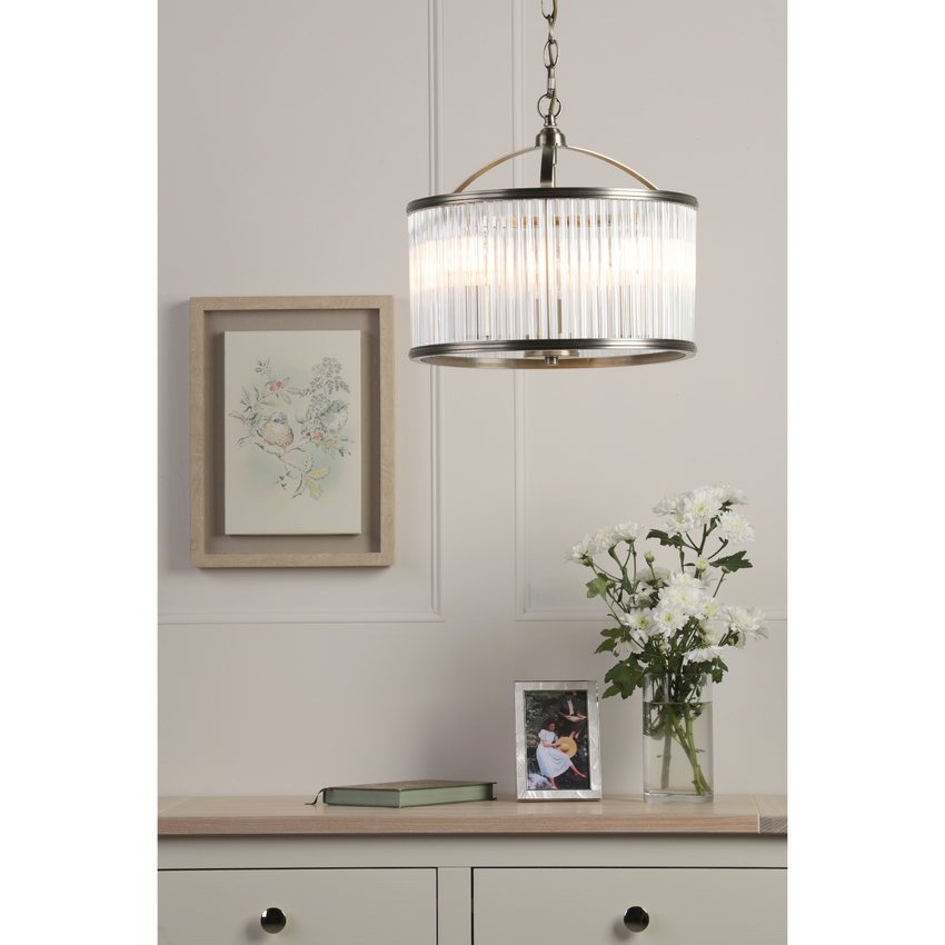 Photograph: Laura Ashley Sutton 3 Light Pendant Matt Antique Brass and Ribbed Glass