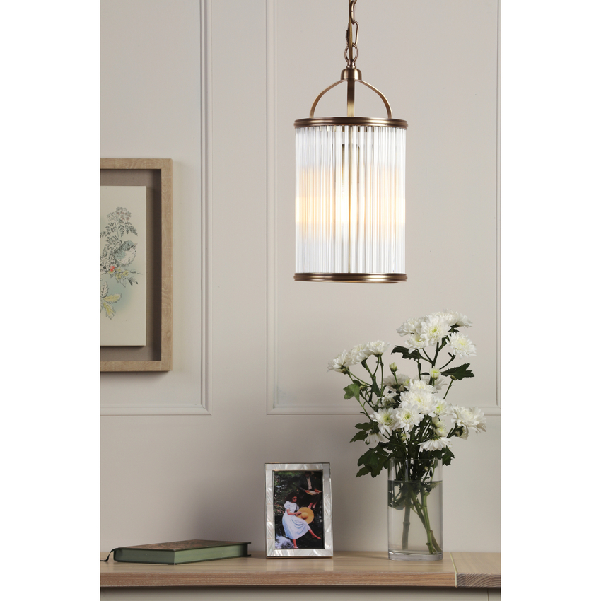 Photograph: Laura Ashley Sutton Pendant Matt Antique Brass and Ribbed Glass