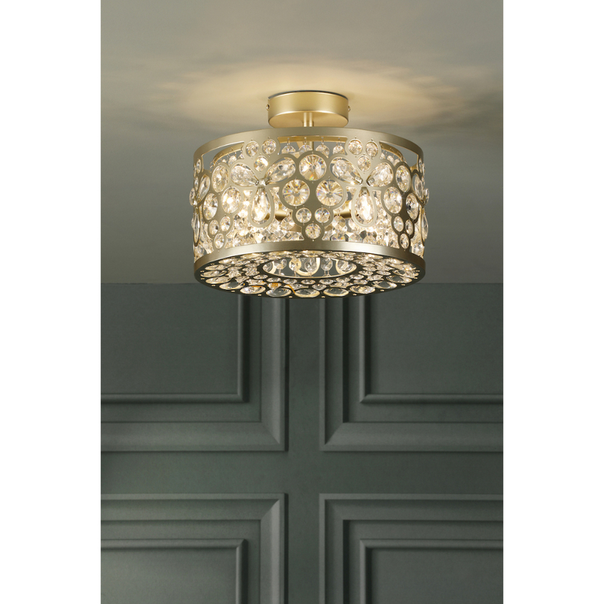 Photograph: Laura Ashley Tilbrook Matt Champagne Round 3 Light Semi-Flush Ceiling Light Complete With Crystal Decoration