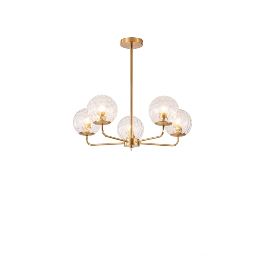 Photograph: Lorelei 5 Light Pendant/Semi-Flush Ceiling Light Brushed Brass With Clear Glass Globes