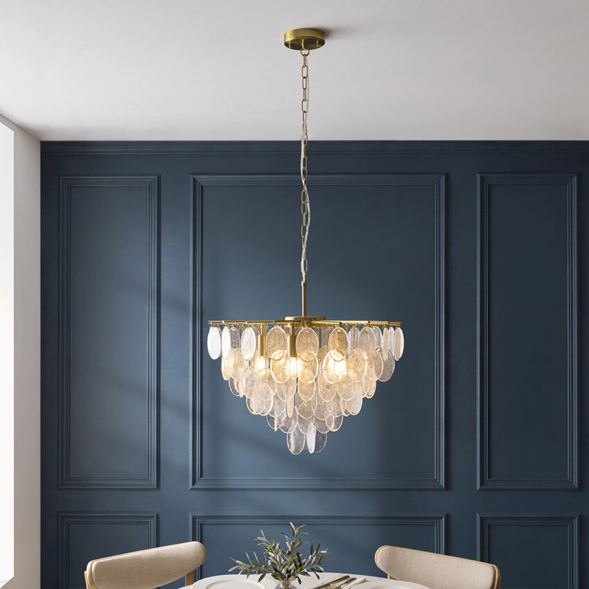 Photograph: Loretta 3 Light Brushed Aged Brass Finish 5 Light Pendant Complete With Clear Bubble Glass