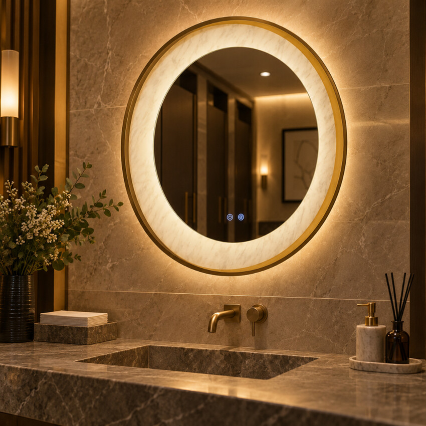 Photograph: Luxo Gold Round Mirror Complete With Marble Accents - IP44
