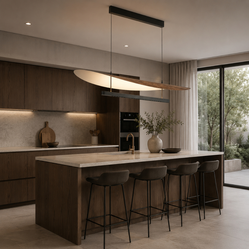 Photograph: Mantra Abisal Black/Dark Wood Linear Pendant: 40W LED: 3000K: 5360lm: Triac Dimmable