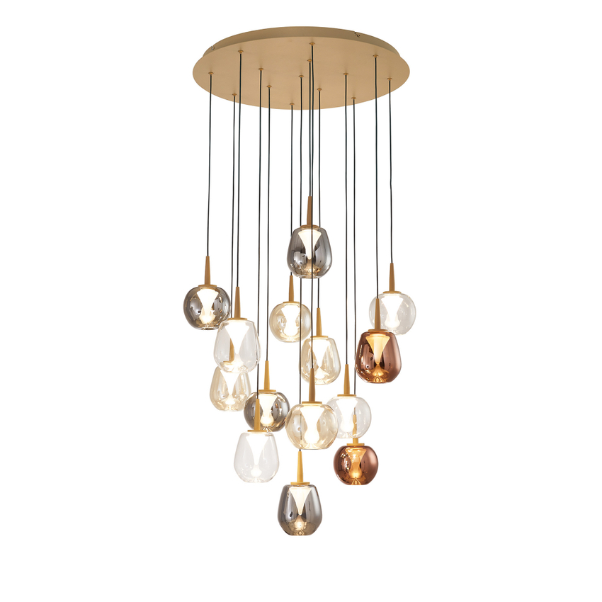 Photograph: Mantra Andromeda Round 14 Light Pendant In Gold Complete With Copper/Chrome/Amber/Clear/Frosted Glasses - 3000K
