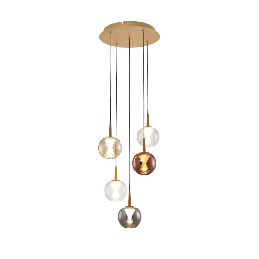Photograph: Mantra Andromeda Round 5 Light Pendant In Gold Complete With Round Copper/Chrome/Amber/Clear/Frosted Glasses - 3000K