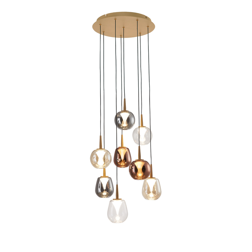 Photograph: Mantra Andromeda Round 8 Light Pendant In Gold Complete With Copper/Chrome/Amber/Clear/Frosted Glasses - 3000K