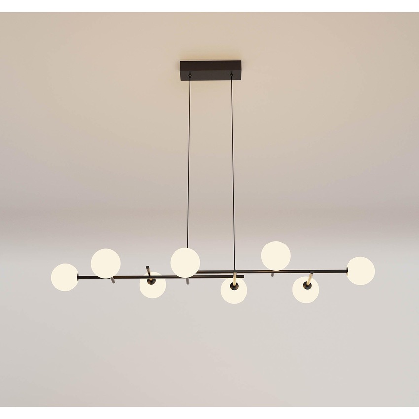 Photograph: Mantra Cellar 8 Light Linear Bar Pendant Black With Opal Glass Globes