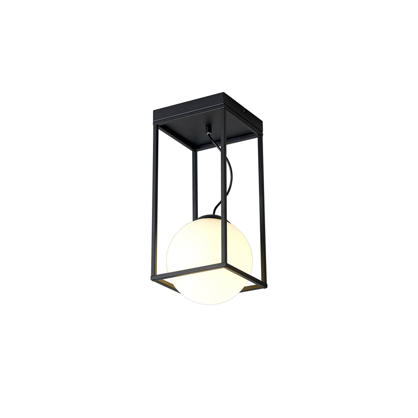 Photograph: Mantra Desigual Small Black Cage Tall Flush Ceiling Light With Opal Globe