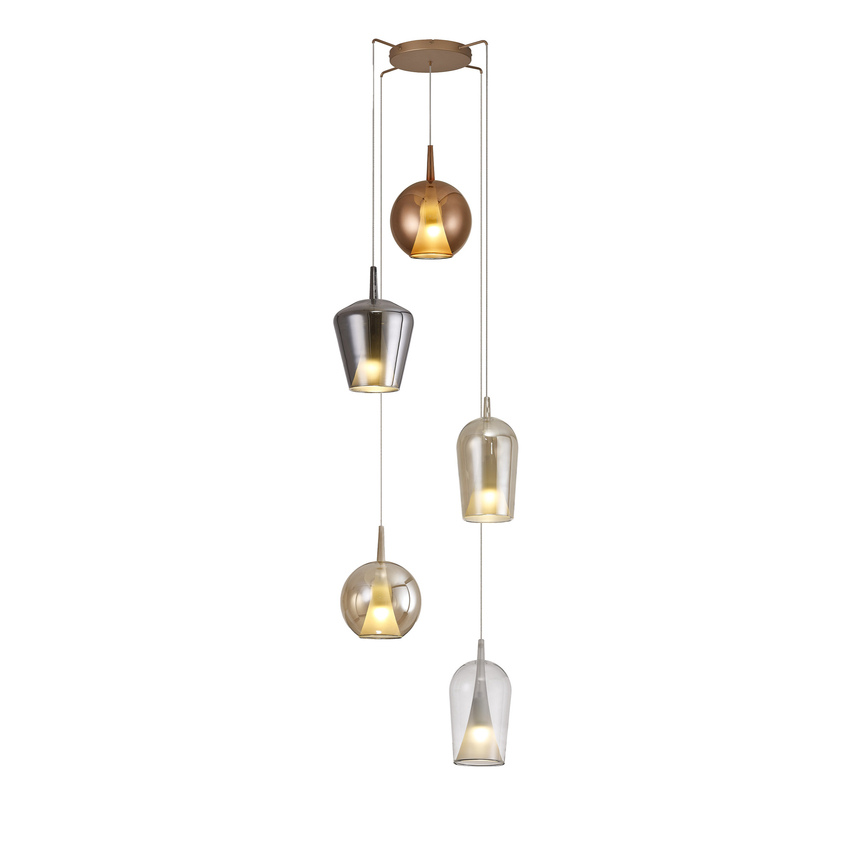 Photograph: Mantra Elsa 5 Light Pendant Light With Gold Frame Complete With Clear, Chrome And Bronze Glas Shades