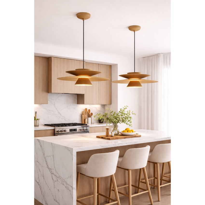 Photograph: Mantra Estrella 50cm Round Matt Khaki Modern Led Pendant - Dimmable - 3000K