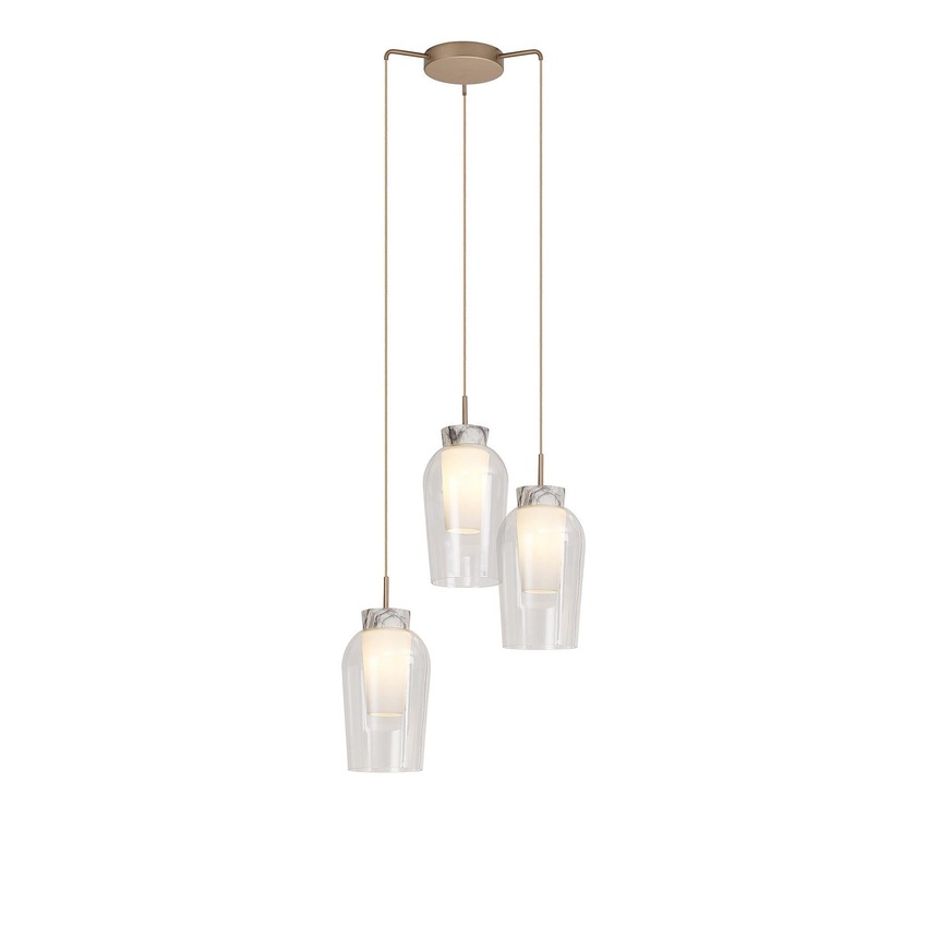 Photograph: Mantra Nora Gold 3 Light Adjustable Pendant Light, With Clear Glasses, Frosted Inners And Marble Detailing