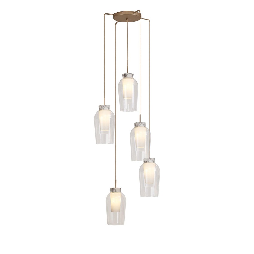 Photograph: Mantra Nora Gold 5 Light Cluster Pendant With Clear Glasses, Frosted Inners And Marble Detailing