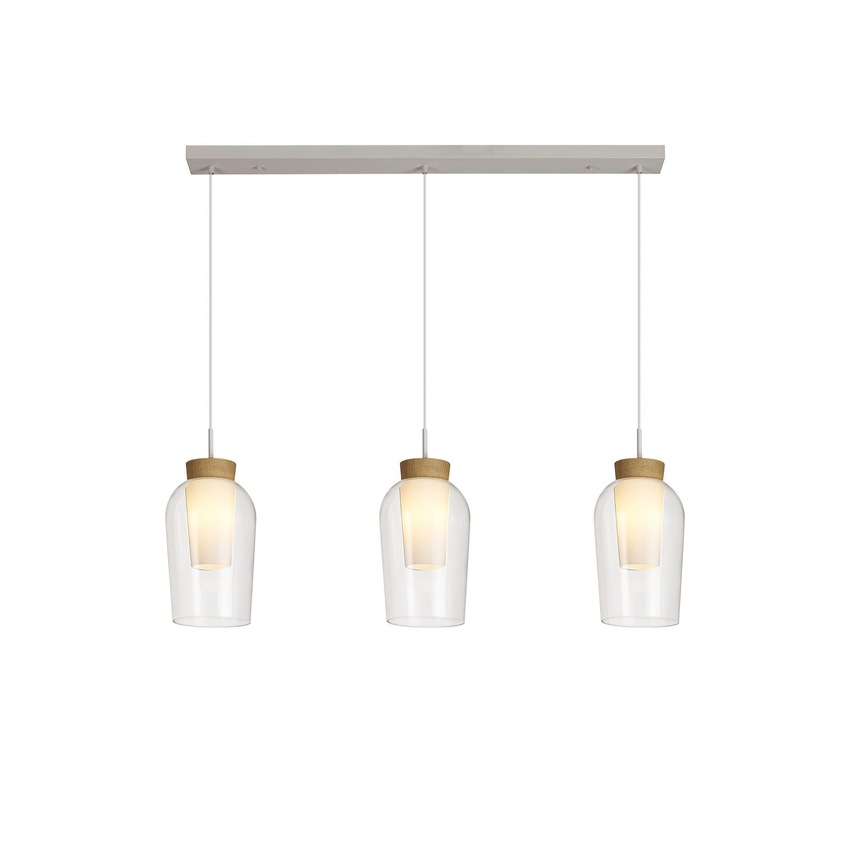 Photograph: Mantra Nora White/Wood 3 Light Linear Bar Pendant Light Complete With Clear Glasses And Frosted Inners