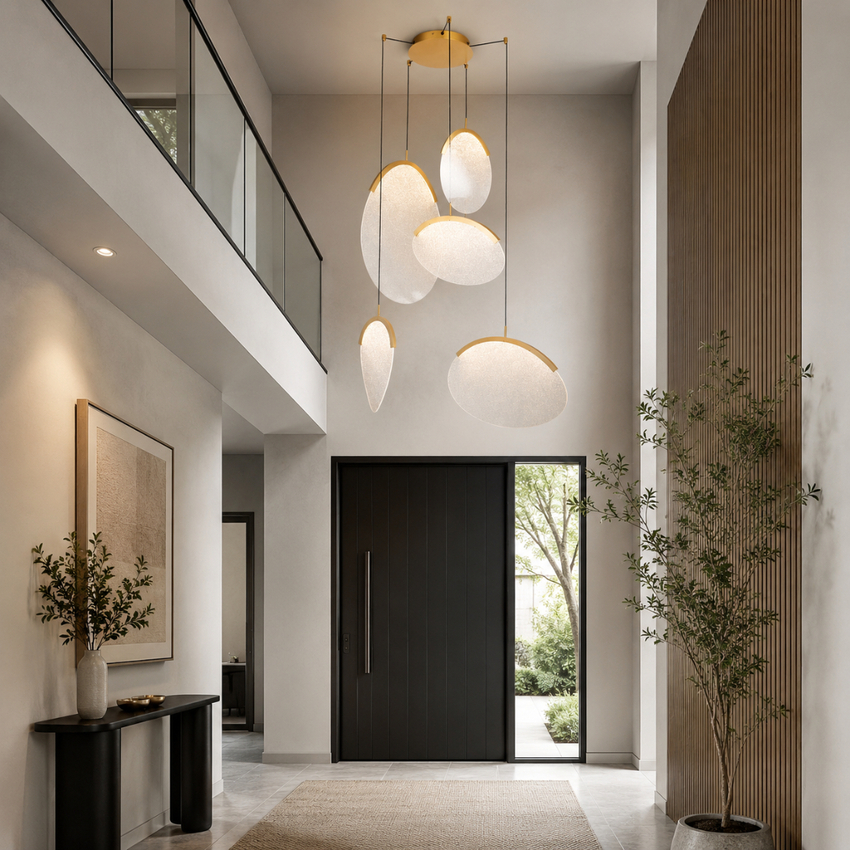 Photograph: Mantra Oasis 90cm 5 Light Cluster Pendant Gold With Unique Acrylic Lens: 65W LED: 3000K: Triac Dimmable