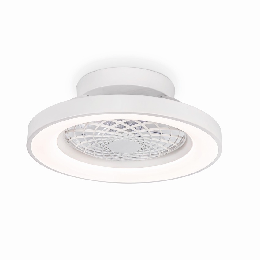 Photograph: Mantra Tibet Mini White LED Ceiling Light With Built-In Reversible Fan C/W Remote Control