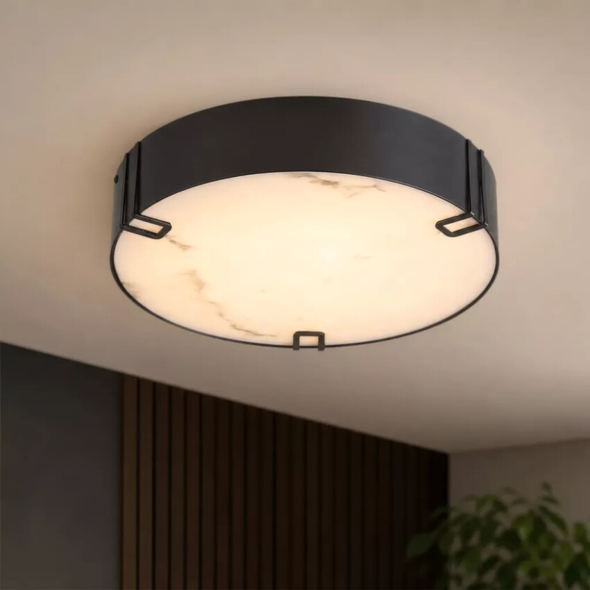 Photograph: Marmo Black Finish Round Led Flush Bathroom Light Complete With Marble Resin Glass - IP44 - 3000K