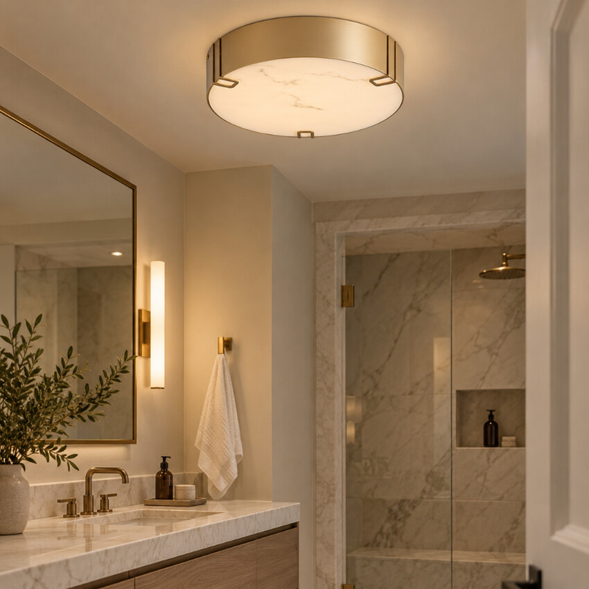 Photograph: Marmo Gold Finish Round Led Flush Bathroom Light Complete With Marble Resin Glass - IP44 - 3000K