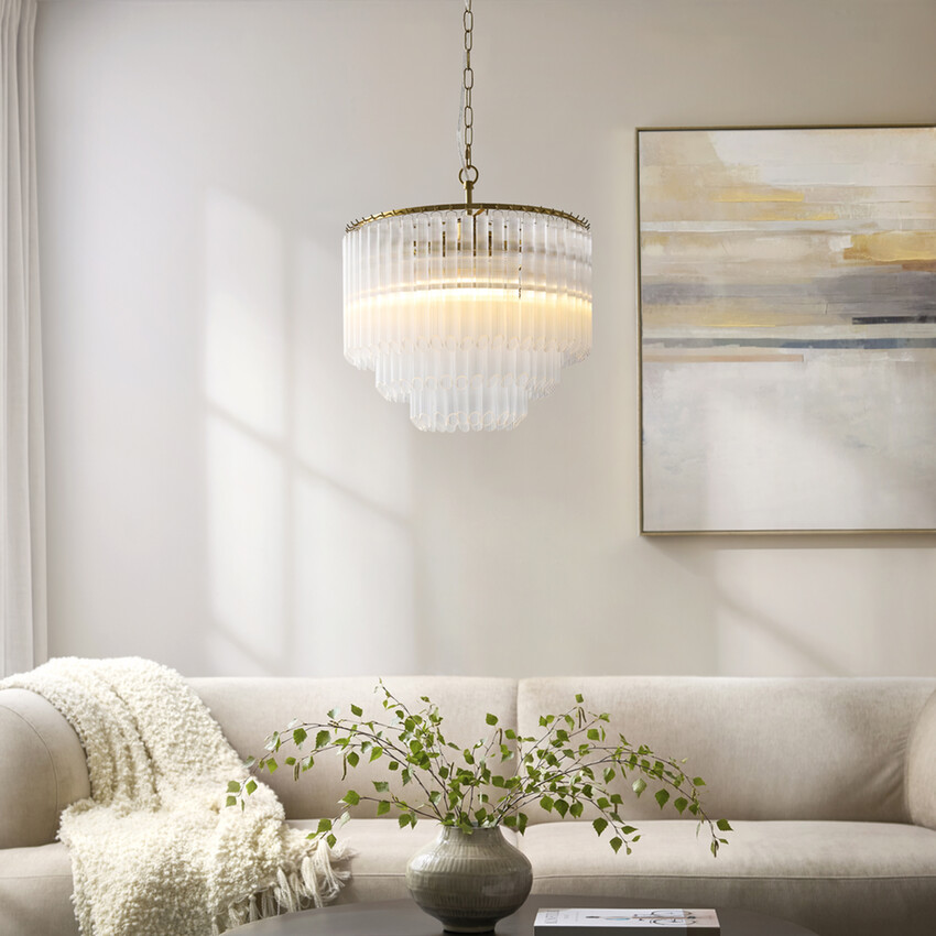 Photograph: Montpellier 3 Light Brushed Aged Brass Finish Pendant Complete With Clear Ribbed Glass Droppers