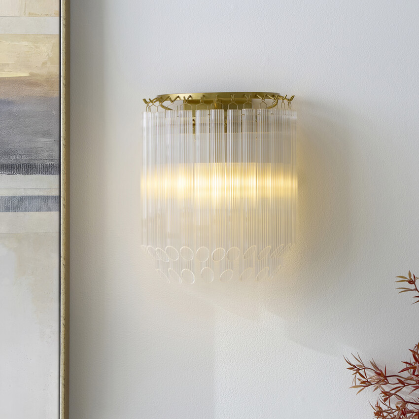 Photograph: Montpellier Brushed Aged Brass Finish Wall Light Complete With Clear Ribbed Glass Droppers
